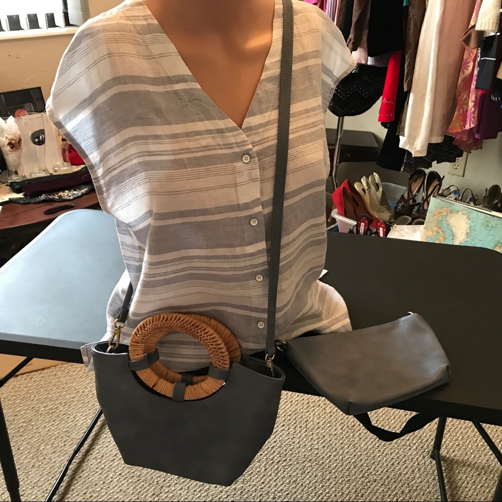SOLD*Anthropologie Periwinkle Denim Blue Handbag Rattan Handles Cross Shoulder